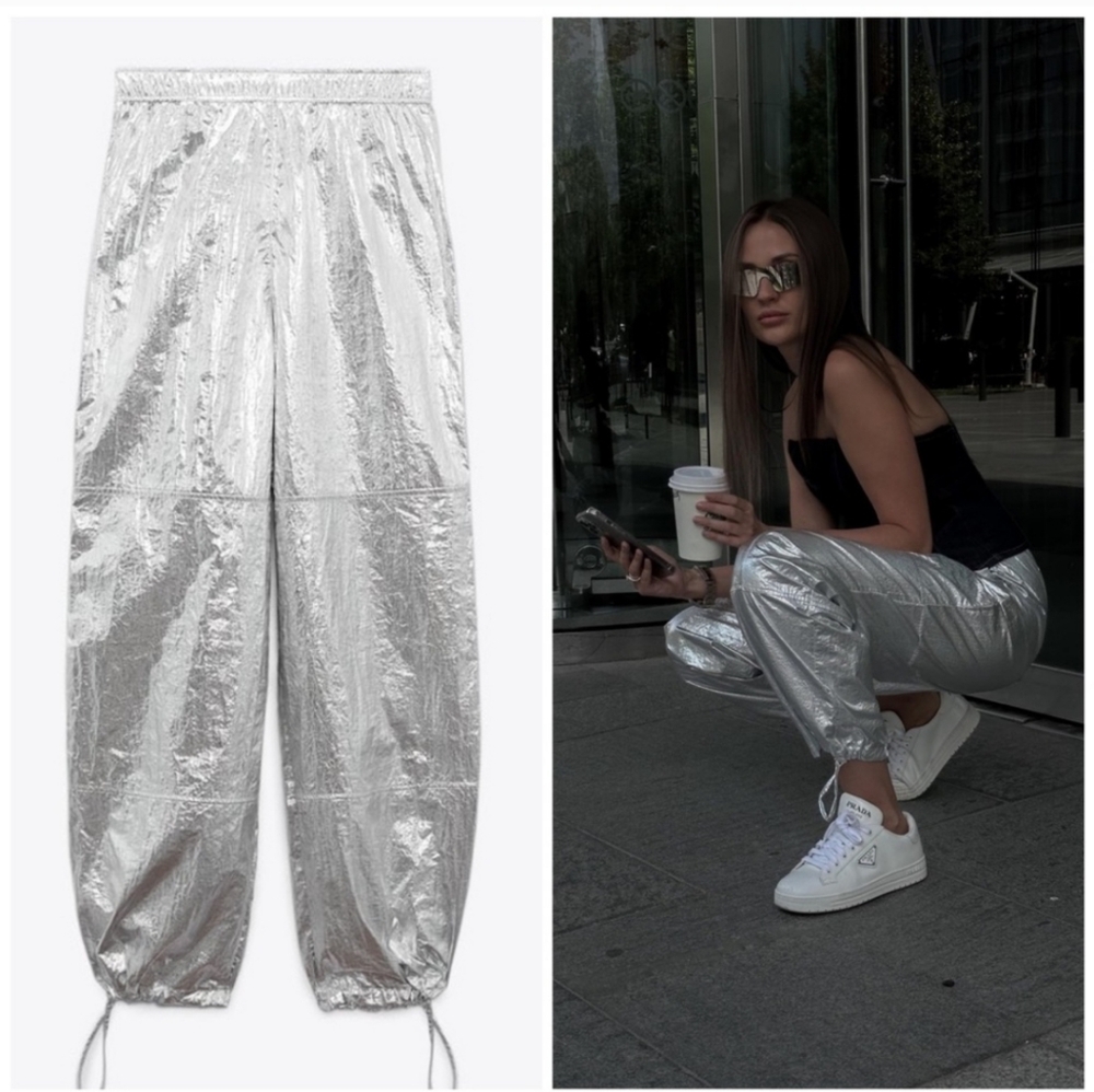Zara Metallic Silver Foil Parachute Pants Size XS Y3K Cyber Gorpcore High Shine‎